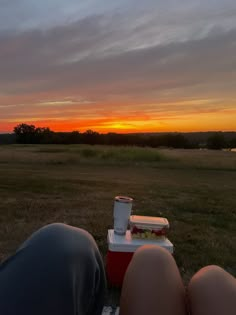 two people sitting in the grass with hotdogs and drinks on them at sunset