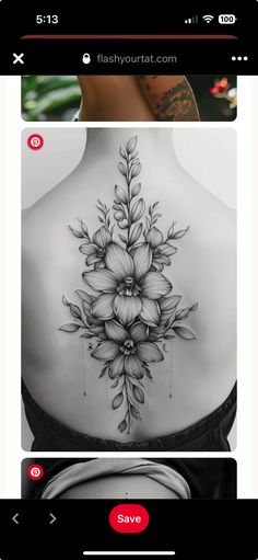 the back of a woman's body with flowers on it and an image of a flower