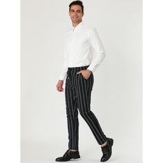 The striped design of slim-fit formal trousers is fashionable and characteristic. The slim-fit pants are crafted from breathable fabric that offers a comfortable fit for day-to-night wear. These trousers can be matched with shirts, T-shirts, polos, jackets, and shoes to create a casual style. Suitable for offices, meetings, appointments, dance parties, etc. Slim Fit Formal Trousers, Dance Parties, Slim Fit Dress Pants, Formal Trousers, Night Wear, Casual Stripes, Hem Style, Slim Fit Pants, Fit Pants