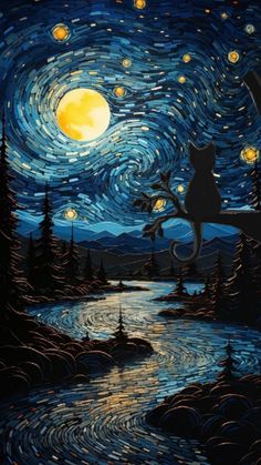 a painting of a cat sitting on a tree branch with the night sky and stars in the background