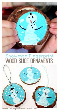 snowman fingerprint wood slice ornaments with text overlay