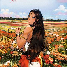 a painting of a woman standing in a flower field with her hand up to her mouth