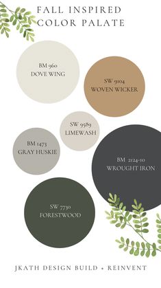 the fall inspired color palette is shown in shades of brown, green and white with leaves