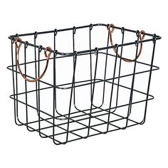 a black wire basket with two handles