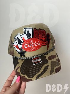 This custom made trucker patch hat is perfect for any occasion whether it be for spring/summer time, a lake hat, a gift for someone, or just a cute accessory to add a little spice to your outfit 🧢✨ DETAILS-  * This hat is one size with an adjustable SnapBack that is adjustable from 20in. - 23.5in. * The color of this hat is Light Green & Camo * The material of the hat is polyester with iron on patches  REFUNDS AND CANCELLATIONS- Every hat is handmade by me as a result, a slight variation can occur from the picture with patch size or placement. If you have any problems with your hat please message me within 24 hours of receiving your order and I'd be happy to help! No refunds or exchanges will be accepted after. NOTICE OF NON-AFFILIATION AND DISCLAIMER: We are not affiliated, associated, a Trucker Snapback Hat With Curved Brim And Patches, Trucker Hat With Patches And Curved Brim, Outdoor Trucker Hat With Patches And Curved Brim, Custom Outdoor Trucker Hat With Snapback, Custom Outdoor Trucker Hat Snapback, Custom Outdoor Snapback Trucker Hat, Custom Trucker Hat With Curved Brim For Outdoor, Custom Outdoor Trucker Hat With Curved Brim, Custom Curved Brim Trucker Hat For Outdoor