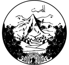 a black and white drawing of mountains with trees in the foreground, on a circular background