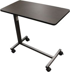 a computer desk with wheels and a black table top on it's side, against a white background