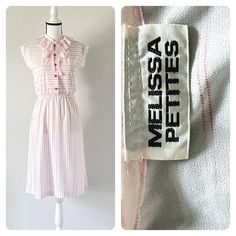 This is such a sweet dress. The collar is adorable with the pleats and the tie. A really unique dress. Here and there, the stripes are faded. I think that is just the way the fabric is (see photo 7 for example). Description: Melissa Petites no size label-please see measurements white with red pinstripes pleated collar with tie sleeveless/cap sleeve elastic waist  no material tag-sheer-feels like polyester Vintage: 1970s/1980s Condition: great one tiny pinhole by waistband (see last photo) Measur Pleated Collar, Tie Collar, Cap Sleeve Dress, Dress With Ruffles, Unique Dress, Capped Sleeve Dress, Sweet Dress, Size Label, Unique Dresses