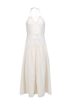 Get ready to make a statement with the J.Crew Collection ivory eyelet halter midi dress! This summer dress staple not only adds a touch of flirty fun to your wardrobe, but it's also lightweight and perfect for any summer event. With its eyelet-tiered design, this dress pairs perfectly with platform sandal heels and a mini bag for a Sunday brunch look that will turn heads! Size 2 Shell 92% Cotton, 4% Other Fibers Lining 100% Polyester Invisible zipper back Drawstring waist Button bust detail Bust 32" Waist 29" Shoulder to hem 52" Chic Fitted Eyelet Midi Dress, Elegant Eyelet Dresses For Day Out, Chic Eyelet Midi Dress, Elegant Eyelet Beach Dress, Elegant Beach Midi Dress With Broderie Anglaise, Elegant Broderie Anglaise Midi Dress For Beach, Chic Eyelet Dress For Day Out, Elegant Eyelet Dress For Summer, Elegant Summer Eyelet Dress