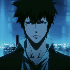 an anime character with black hair and blue eyes looks at the camera while standing in front of a cityscape