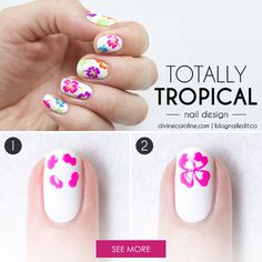 Follow our simple steps to re-create this tropocal nail art look yourself! #divinecaroline #nailart Hibiscus Nails, Nails Tropical, Tropical Nail Designs, Hawaii Nails, Nailart Tutorial, Tropical Nails, Tropical Hibiscus, Art Tropical, Flower Nail