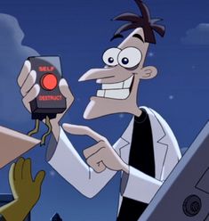 a cartoon character holding up an electronic device