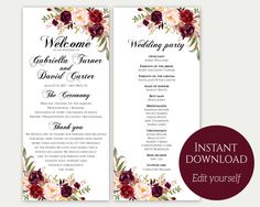 wedding program template with flowers and greenery on the front, in burgundy and white