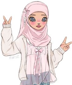 a drawing of a woman wearing a hijab and holding her hands up in the air