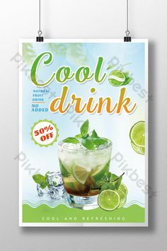 a poster for a cocktail party with limes and mint leaves on the side, hanging from