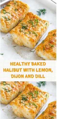 two pictures of baked halibut with lemon, dill and dill on them