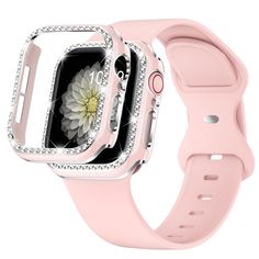 an image of a pink apple watch with crystal case and flower on the front side