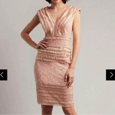 Gorgeous Blush/Rose Gold Embellished Cocktail Dress. Lace, Eyelash Details And Sequins Cover The Entire Dress. Dress Is Fully Lined With A Back Hidden Zipper And No Stretch To The Fabric. Dress Is Brand New And Unworn, But Has Been Kept On The Sales Floor And Tried On In Store. Negligible Or Minor Imperfections May Be Present Due To The Delicate Nature Of The Dress And The Handling Process In Store. Underarm 20” Flat Waist 17” Length 40” Feminine Evening Dresses For Festive Occasions, Feminine Festive Evening Dresses, Festive Formal Feminine Dresses, V-neck Lace Evening Dress, Feminine V-neck Lace Dress For Evening, Feminine Embellished V-neck Dress, Black Sequin Shorts, Black Midi Dress Bodycon, Scalloped Lace Dress