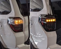 two pictures of the tail lights of a white truck