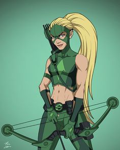 a woman in green costume holding a bow and arrow with her hands on her hips