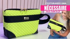 a woman holding a neon green purse next to a black and white bag with the words necessaire faci com alca on it