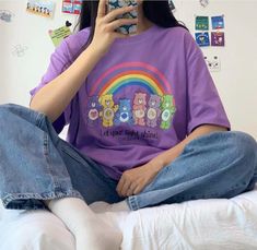 Fashion & Harajuku colorful rainbow bear printed short sleeve t-shirt.  We offer FREE and USPS shipping for USA and China Post for any other country in the world. Customer service is included in the price too!!   Color: white, purple; Size:  M: Length 66cm, Bust 104cm, Shoulder 50cm, Sleeve 20cm; L: Length 68cm, Bust 108cm, Shoulder 52cm, Sleeve 21cm; XL: Length 70cm, Bust 112cm, Shoulder 54cm, Sleeve 22cm; 2XL: Length 72cm, Bust 116cm, Shoulder 56cm, Sleeve 23cm; (divide by 2.54 for the siz Artsy Style, Little Outfits, Colorful Rainbow, Care Bears, Bear Print, Print Tee, Colourful Outfits, New Wardrobe, Spring Summer Outfits