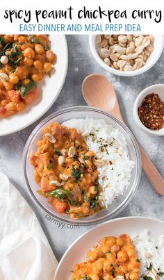 two plates filled with chickpea curry and white rice