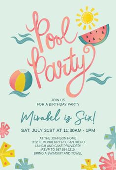 a pool party flyer with watermelon and beach ball