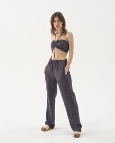 "Relaxed, full length linen pants -- because straightforward will always remain essential. Offered in medium-weight and exclusive linen. STYLE DETAILS * Straight cut * Relaxed fit * Low rise * Elastic waist * 2 pockets in side seams * Full length * Made from medium-weight linen SIZES & COLORS IN THE PICTURES * Model 1 is wearing size S in Mysterious Grey (medium) linen. Model's height - 174 cm (5' 8\"),ust - 80 cm (31.5\"), waist - 60 cm (23.6\"), hips - 90 cm (35.4\"). * Model 2 is wearing Long Linen Pants, Loose Linen Pants, Linen Crop Top, Linen Crops, Linen Tank Top, Bralette Crop Top, Wide Leg Linen Pants, Linen Pants Women, Linen Skirt