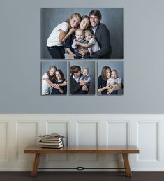 a family photo hanging on the wall with three pictures in front of it and two people holding