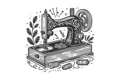 an old fashioned sewing machine with spools and thread on the table, hand drawn illustration