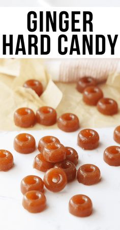 there are some candies that have been made to look like donuts and the words ginger hard candy written on them