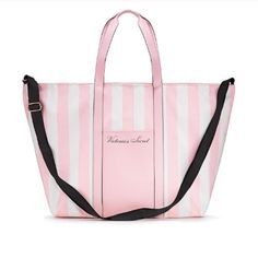 Vs Pink + White Striped Iconic Victoria’s Secret Tote Bag Large Weekender Outside Pocket Zip Top 26” L X 7” W X 15”H Fringe Tote Bag, Gold Tote Bag, Victoria Secret Tote Bags, Grey Tote, Weekender Tote Bag, Pink And White Stripes, Pink Tote, Victoria Secrets, Victoria Secret Bags