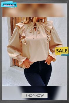 Women's Spring Ruffled Long Sleeve Solid Color Blouses Fall Tops With Ruffled Collar, Fall Solid Tops With Ruffled Collar, Beige Ruffle Sleeve Top For Fall, Fall Solid Color Blouse With Ruffles, Beige Solid Color Blouse For Spring, Fall Ruffled Blouse, Spring Ruffle Sleeve Solid Color Blouse, Feminine Solid Color Blouse For Fall, Beige Ruffled Tops For Fall