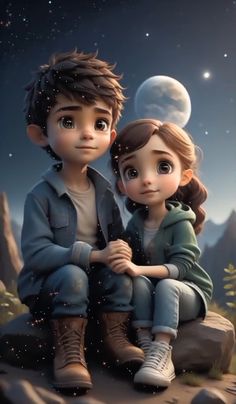 two children sitting on top of a rock in the night sky with stars and moon behind them