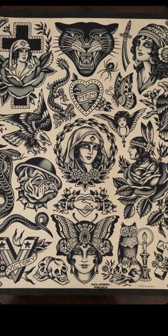 an old school tattoo design is shown in black and white, with many different designs on it