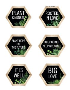 four hexagonal stickers with the words hope, inspire, grow, and hold on to hope