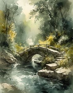 a watercolor painting of a bridge over a river with rocks and trees in the background