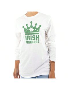 St Patricks Day Irish Princess Women's Long Sleeve T Shirt White Casual  Long Sleeve Fabric Cartoon,Graphic,Letter,Plants  Medium Stretch  Women Clothing, size features are:Bust: ,Length: ,Sleeve Length: Green Long Sleeve Slogan T-shirt, Green Long Sleeve T-shirt With Slogan, Green Long Sleeve Slogan Top, Green Long Sleeve Top With Slogan, Irish Princess, White Casual, St Patrick, St Patricks Day, Women Long Sleeve