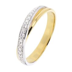 two tone gold and silver wedding ring with diamonds on the sides, set against a white background