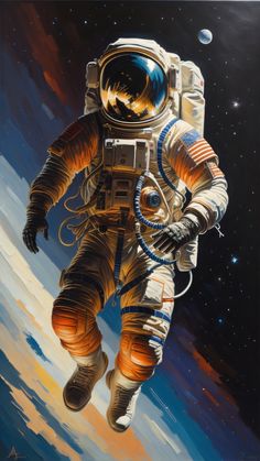 an oil painting of an astronaut floating in space