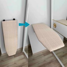 an ironing board is placed next to a bed