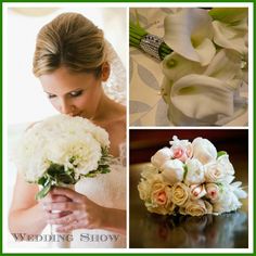 the bride is holding her bouquet and posing for pictures