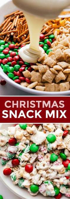 christmas snack mix is being poured onto a platter