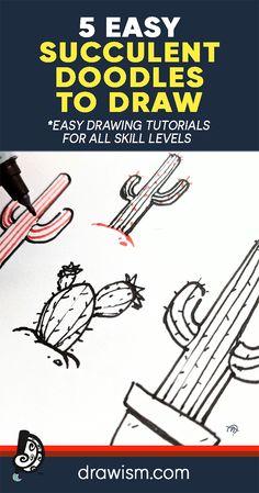 Here are 5 simple doodle drawing tutorials of how to draw succulent doodles easy for all skills levels, including beginners! Simple Doodles Plants, Doodle Drawing Ideas, Succulent Doodle, Doodles Easy, Doodle Art Flowers, Drawing Tutorials For Beginners