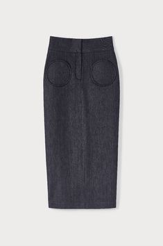 High-waisted denim pencil skirt with a modern twist. Navy blue denim with contrast stitching for a structured look. Circular pocket detailing on the front. Navy Blue Pencil Skirt, Blue Pencil Skirt, Denim Pencil Skirt, New Arrival Dress, Contrast Stitch, High Waisted Denim, Pocket Detail, Bleu Marine, Crayon