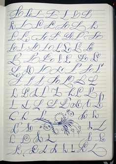 an open notebook with cursive writing on the pages and numbers in blue ink