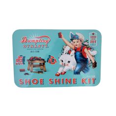 a shoe shine kit with an image of a child on it