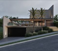 a modern house with palm trees in the front yard and stairs leading up to it