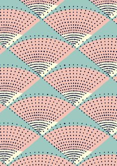 a pink and blue geometric pattern with dots on the top, in shades of teal